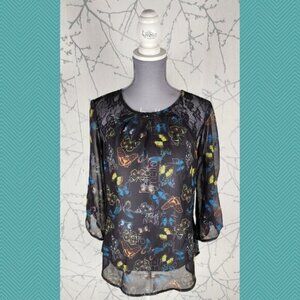 Suzy Shier Black Butterfly Print Sheer Surplice Back Top